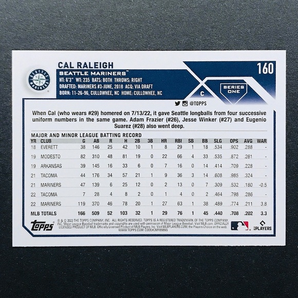 Cal Raleigh - 2023 Topps FS #160 - Picture 2 of 2